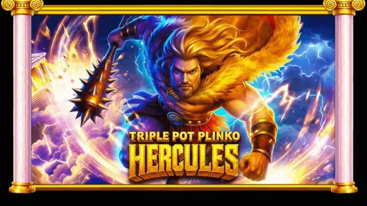 Tangkapan layar permainan slot Triple Pot Plinko – Hercules di perangkat seluler, menampilkan pilar marmer dan pot emas dengan latar belakang Gunung Olympus.