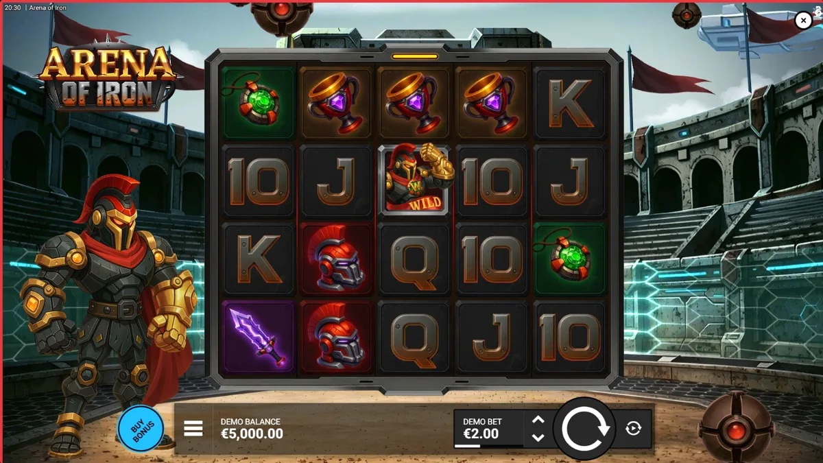 Arena of Iron slot machine interface featuring robotic gladiator theme
