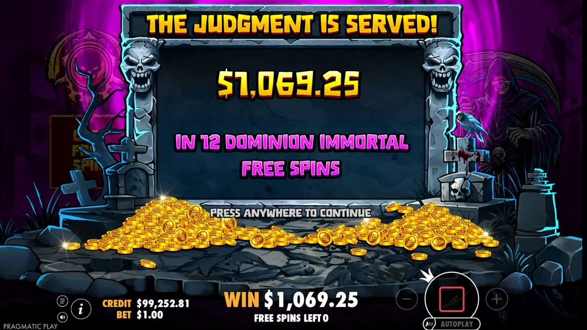 Tampilan visual slot Death Dominion dengan tema horor dan Grim Reaper